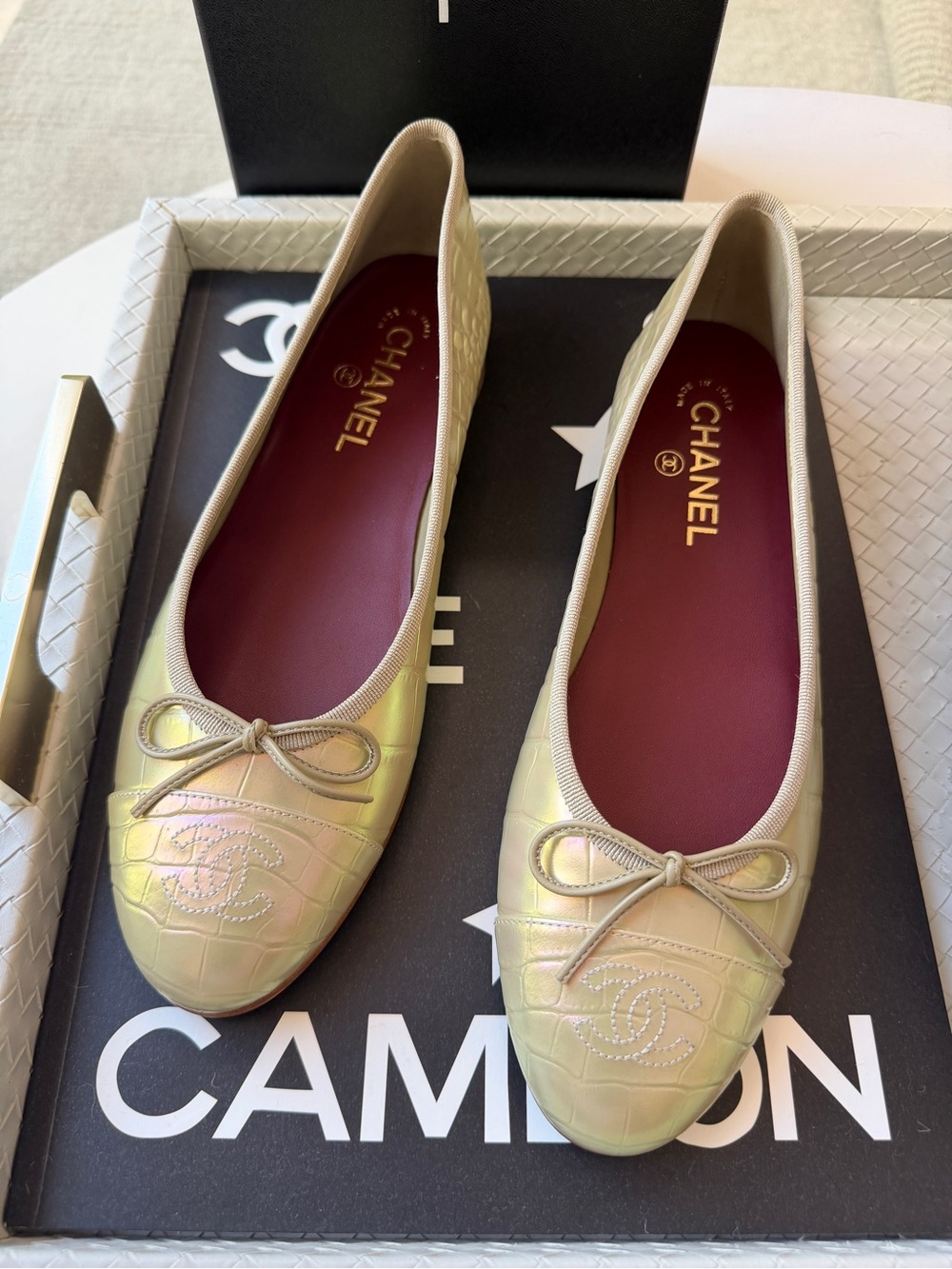 Chanel 26K Yellow Crocodile Croc Embossed Iridescent Cap Toe Ballet Flats 37 - Picture 4 of 15